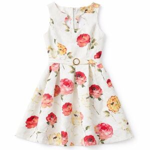 Gabby Skye Floral Jacquard Fit & Flare Sleeveless Dress Ivory Pink Dress Belt 8